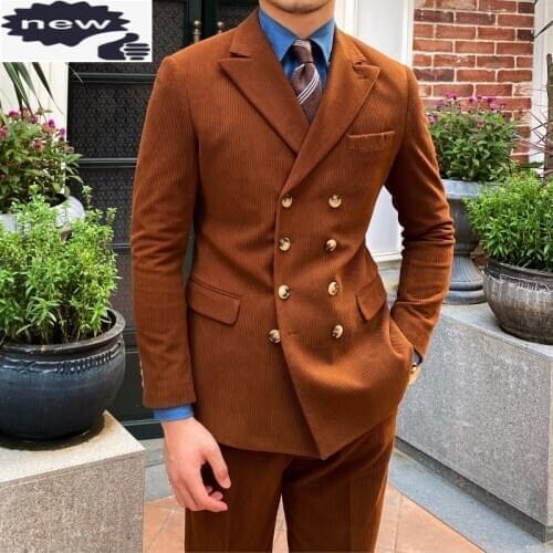 Men Japan Style Retro Slim Corduroy Blazer 2 Piece Set Autumn Business Straight Trousers Double Breasted Suit Jacket Oversize