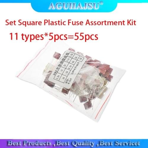 55PCS/Set Square Plastic Fuse Assortment Kit 392 0.5A 1A 2A 2.5A 3.15A 4A 5A 6.3A 8A 10A 15A 250V Fuses Slow Blow Tube Fuse set