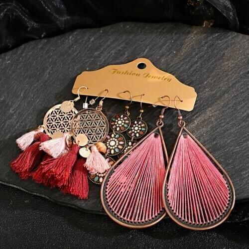 Ethnic Boho 2020 Gypsy Line Water Drop Earrings Sets For Women Female Red Flower Bridal Anniversary Jewelry Accessories Gift