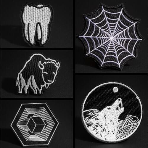 Black white Spider web teeth goat wolf Animal patches clothing accessories Punk fashion badge ironing on clothes Hexagon sticker
