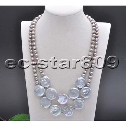 P5844 2row 20" 22mm Gray Round Coin Freshwater Pearl Necklace