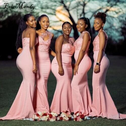 Peach Lace Mermaid Bridesmaids Dresses Long 2021 Sexy One Shoulder Dress For Wedding Party Plus Size Vestido de festa longo