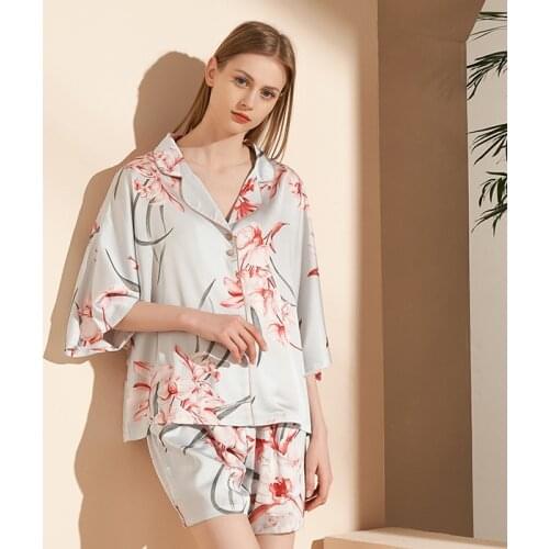 Summer New Women Silk Satin Pajamas Set Elegant Floral Soft Smooth Household Turn-Down Collar Ladies Loose Sleepwear For Spring