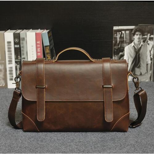 New Mens Fashion Briefcase Business Casual Mens Cross-section Solid Color Pu Messenger Bag Pu Leather Shoulder Crossbody Bag