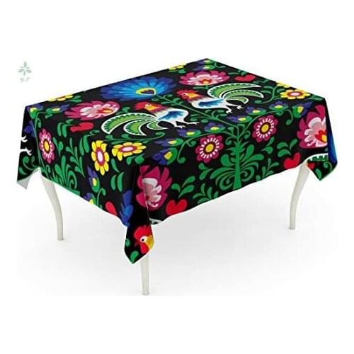 Rectangle Tablecloth Colorful Animal Polish Folk Pattern Roosters Wzory Lowickie Wycinanka Green Floral Heart Black Table Cover