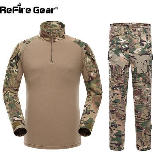 ReFire Gear Camouflage Tactical Military Uniform Clothing Men Paintball US Army Clothes Set Combat Shirt + Cargo Pants Knee Pads