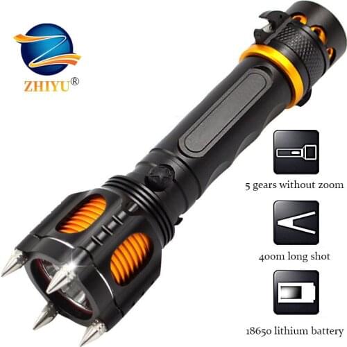 Unique 800LM T6 LED Flashlight Rechargeable Spikes Multifunctional Tactical Torch Lamp with Blade and Buzzer For Self-Defense