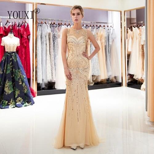 Gorgeous Mermaid Prom Dresses Long 2020 Luxury Beaded Beads Sequined Crystal Rhinestone Hollow Back Robe de Soiree Longue