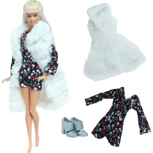 High Quality Doll Dress 3Pcs/Pack Flower Dress + Fur Coat Vest + Grey Shoes Boots Outfit Clothes for Barbie Doll Accessories Toy