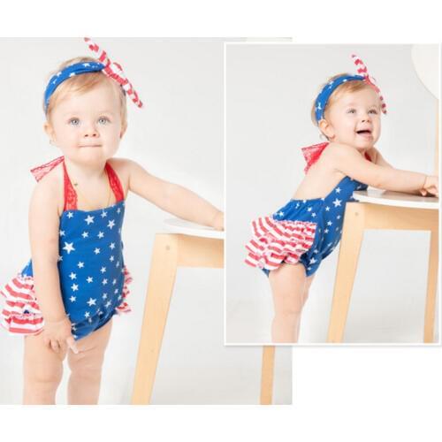 High Quality Baby Girl Clothes Cute Star Print Ruffle Bloomers Jumpsuits and Big Bow Headbands Clothing Set Christmas Birthday