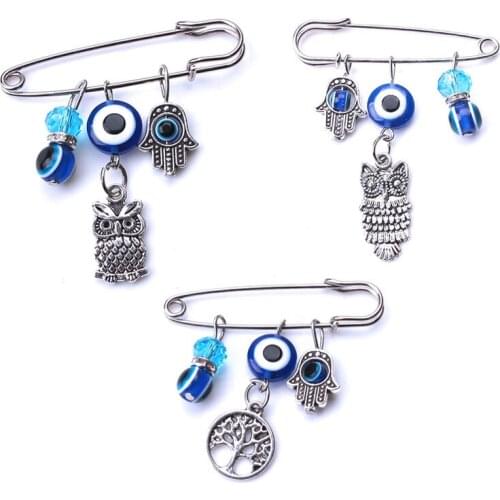 Turkey Blue Eye animal Pendant Brooch Ethnic Style With Owl/Hamsa/Hand/Tree Charm Brooch Buckle Clips for woman