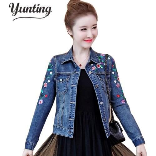 2021 Vintage Embroidered Short Denim Jackets Women blue Wash Long Sleeve Casual Jean Jacket Bomber Plus Size Denim Coat