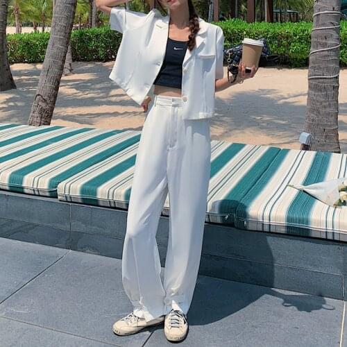 2021 Summer White Fashion Outfits for Women Tracksuit Short Sleeve Thin Short Blazer and Wide Leg Pants Suit Casual 2 Piece Set