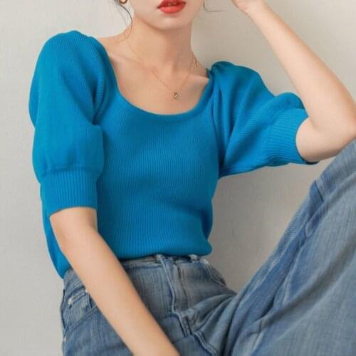 French Square Neck Puff Sleeve Knitted Top Womens Summer 2021 New Design Retro Short-Sleeved Silk T-shirt Office Ladies