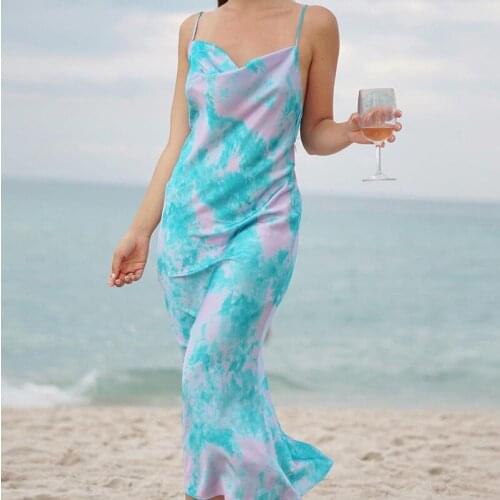 Summer New 2021 Sexy Women Slash Neck Mermaid Dress Ladies Fashion Print Spaghetti Strap Slim Midi Dress Beach Dresses Vestidos