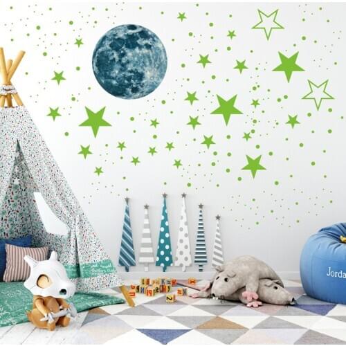 Zollor 20CM Moon 435pcs Stars Dots Green Luminous Wall Sticker Children Room Ceiling Stairs Decoration Fluorescent Mural Decals