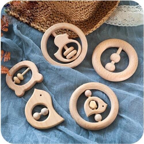 1pc Baby Toys Wood Teether Bell Rattles Beech Wooden Dog Car Moon Shape Cartoon Wooden Rattles Handle Children Product Gift Toy