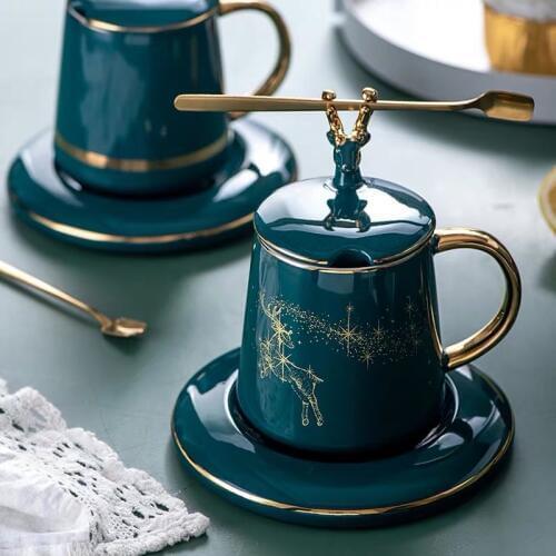 300ml fashion ceramic coffee tea mugs with lid and tray and spoon gold inlay deer bird cup