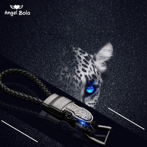 High Grade Men Leopard Key Chain Keychains Rhinestones Car Key Ring Holder Jewelry Bag Pendant Gift Genuine Leather Rope