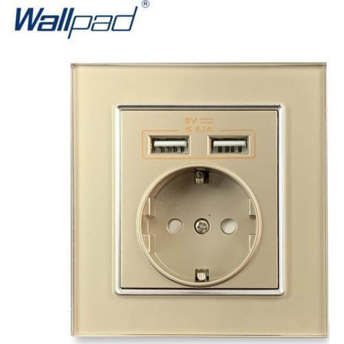 EU Socket With 2 Usb Socket Port Charger 5V 2100mA Gold Glass Panel Wallpad Luxury Wall Double USB Electric Power Outlet