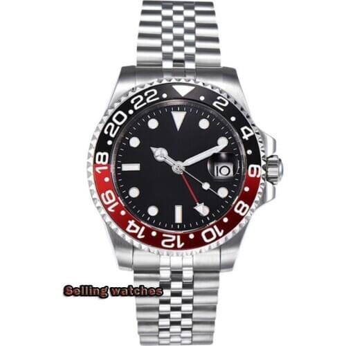 40mm PARNIS Blue/red bezel Mechanical clock deployment clasps Jubilee Bracelet Sapphire Crystal Date GMT Automatic Mens watch