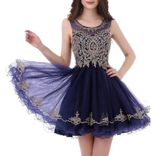 2020 new luckgirls Embroidery print small round neckknee-length Dark Navy beauty Party Homecoming Dresses