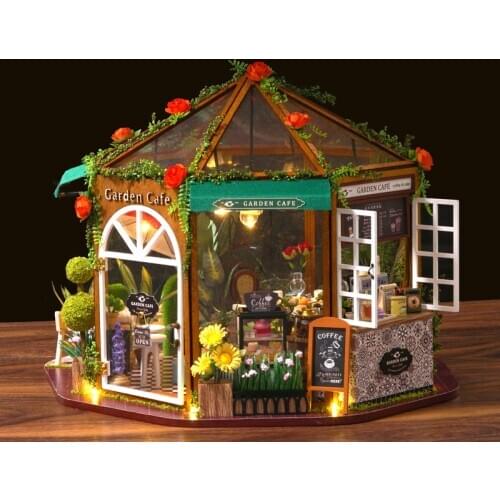 New Garden Tea Cafe DIY Wooden Dollhouse Kit Assembled Miniature Rose Flower Plant Doll House Toy for Girls Adult Christmas Gift