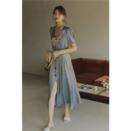 Summer Women Reflective Ruff Long Midi Dress Female V Neck Button Short Sleeve Long Skirt office Ladies Sexy Elegant Dress