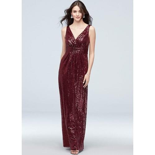 Tailor Shop Custom Made Sequin V-Neck Bridesmaid Dress with Satin Piping Elegant Dress Women for Wedding Party