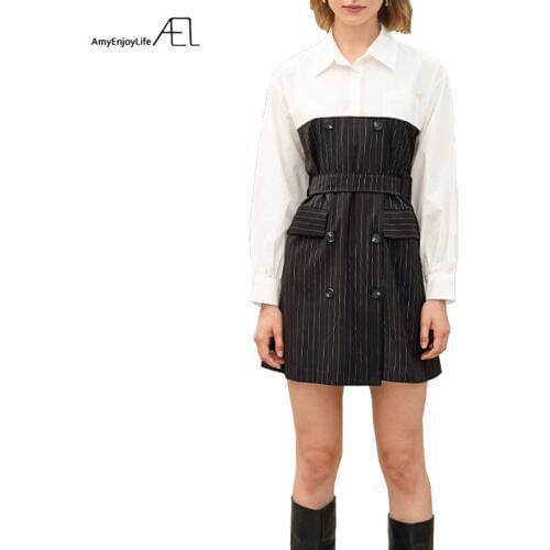 Stripe Fake Two Piece Shirt-Dress Womens Clothes Mini Short Dress Fashion Female Casual Harajuku Dresses For Women 2019 New