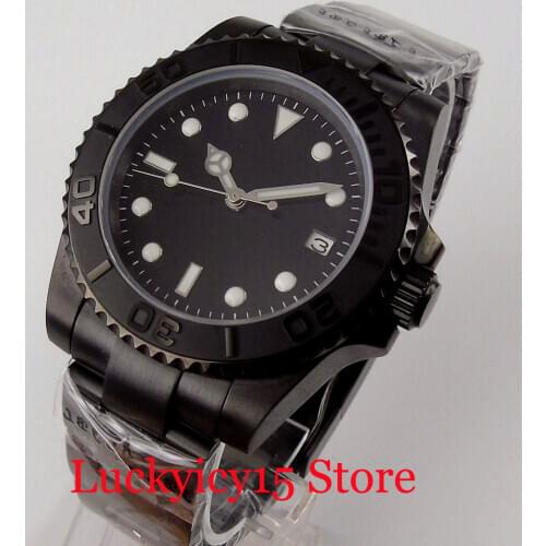 PVD Sterile Black Automatic Men Watch 24 Jewels NH35 MIYOTA 8215 Sapphire Glass No Cyclop Unidirectional Bezel Oyster Strap