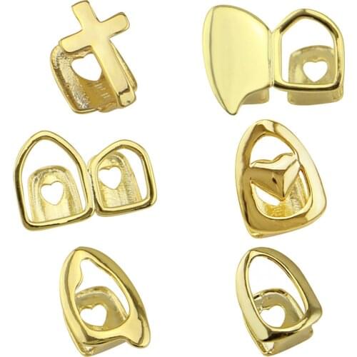 1Pcs Single Cross Teeth Grillz Yellow Gold Color Plated Canine One Tooth Grills Upper Hip Hop Top Fangs Hollow Grills