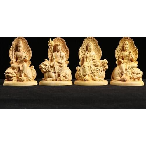 Boxwood 12cm Buddha Sculpture Wood Carving Guanyin Statue Worship Manjushri Ksitigarbha Samantabhadra Home Decor