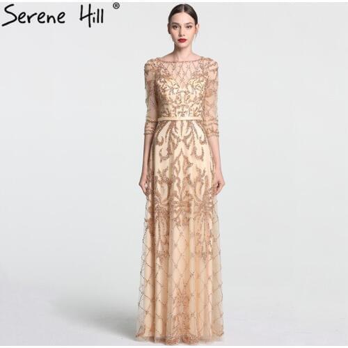 Grey Long Sleeve Fashion Evening Gowns Beading Sequined Beach Tulle Evening Dress Long 2020 Serene Hill LA6166