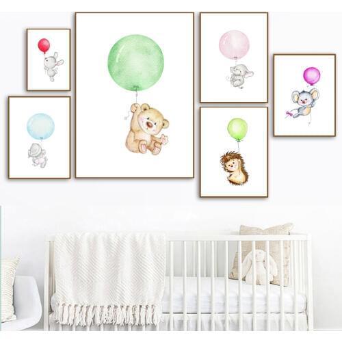 Elephant Bear Rabbit Hippo Koala Balloon Wall Art Canvas Painting Nordic Posters And Prints Wall Pictures Baby Kids Room Decor