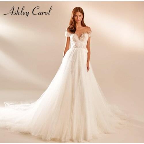 Ashley Carol A-Line Wedding Dress 2021 Beading Sweetheart Backless Bride Off the Shoulder Sashes Sparkling Princess Bridal Gown