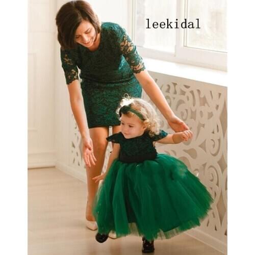 Mother Daugher Green Lace Photograpy Dresses Mom Kid Celebration Pageant Matching Dresses Green Lace Mom Kid Festival Dresses