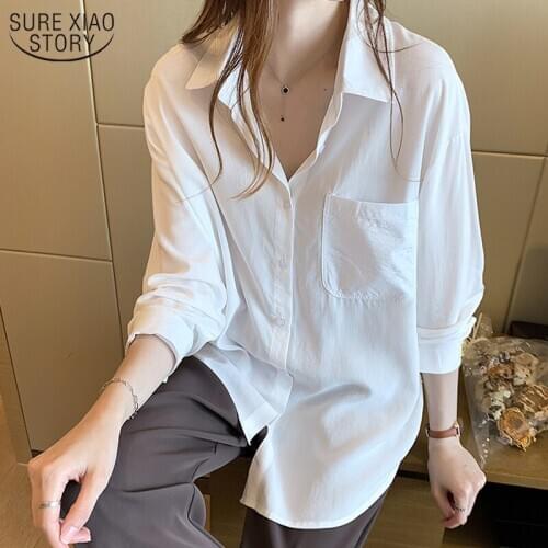 Autumn 2021 Loose Shirt Korean Fashion Office Lady Long Sleeve Shirt Women Solid POLO Collar Cardigan Casual Blouses Tops 10934