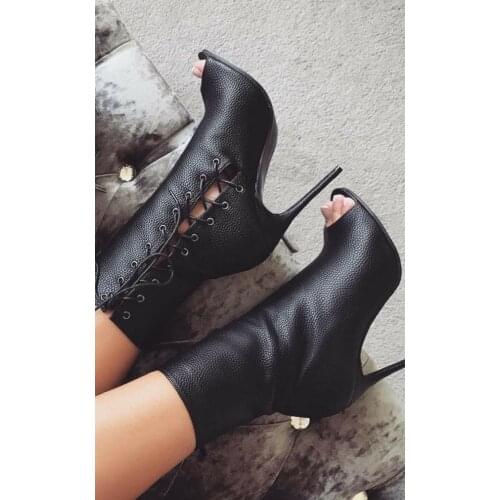 Black Peep Toe Thin High Heel Women Boots Side Lace Up Solid Women Shoes Sample Fashion Spring And Autumn Women Ankle Boots