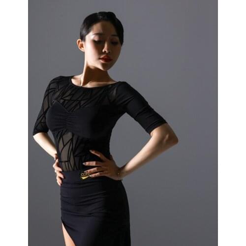Women Sexy Latin Dance Leotard Perspective Mesh ChaCha Practice Wear Summer Short Sleeve Dancing Performance Clothing YS2191
