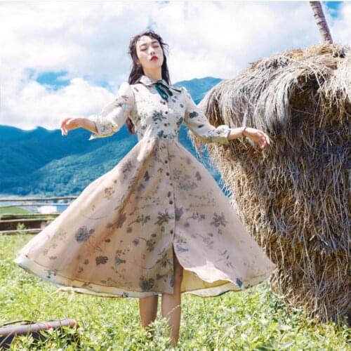 Fashion brand retro style Organza fabric dress womens was thin fake two pieces high waist elegant dress wq953 dropship