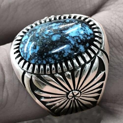 Vintage Silver Plated Sunflower Finger Ring Big Oval Blue Stone Elegant Rings For Women Ladies Wedding Party Jewelry Gift T4M877