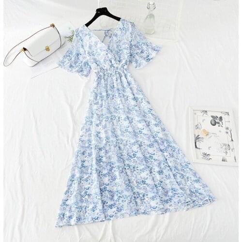 Women Sweet Floral print Short sleeve Midi Dress 2021 Summer Vintage V-neck Chiffon Flared sleeves Women Casual A-line Dress