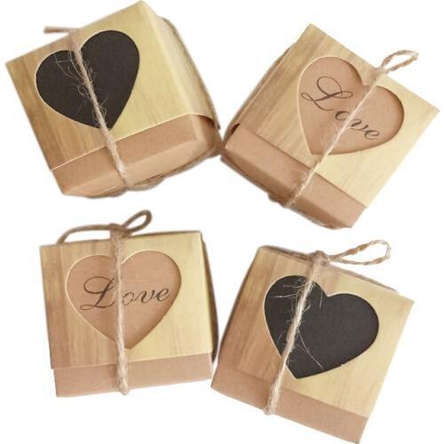 10 Pcs/lot Romantic love heart Kraft Paper Candy Gift Box Wedding Candy Box with Burlap Packaging Bags Square Party for guest