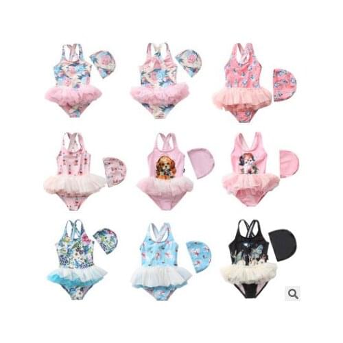 2021 Girls Swimsuit With Hat Swimwear One Piece lace Baby Swimsuit leopard print girls lovely suits for 1-8years teenagers