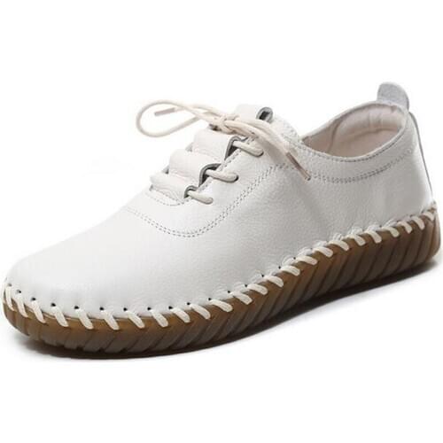 2021 New Spring Lace-up 100% Genuine Leather Hand-stitched Shoes Flat Soft Sole Comfort Shoes Casual Sneakers Women Flat Shoes