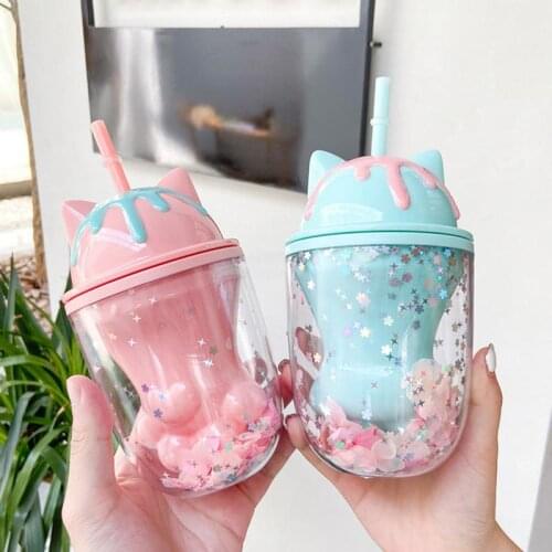 250ml Cherry Blossom Straw Bottles Baby Cartoon Cats Paw Double-layer Plastic Cup Sequin Water Cup Creative Gifts Feeding Cups