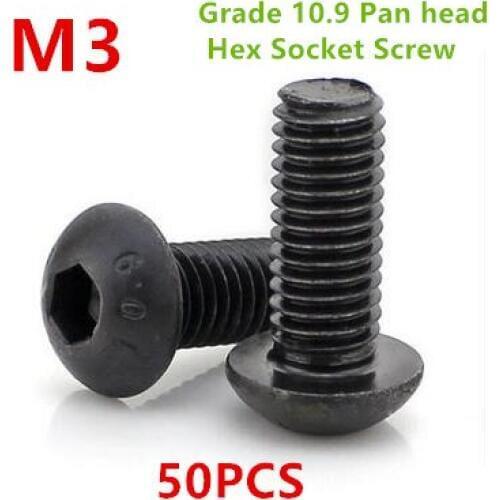 50PCS M3*6/8/10/12/16/20/25/30/40/45/50 ISO7380 Grade 10.9 Black Pan Head Hex Socket Button Cap Screw