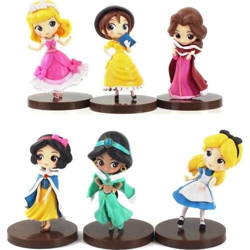 8cm 6pcs/Lot Q Posket Princess Figures Snow White Belle Alice Jasmine Sleeping Beauty Aurora Collection Model Toys Doll