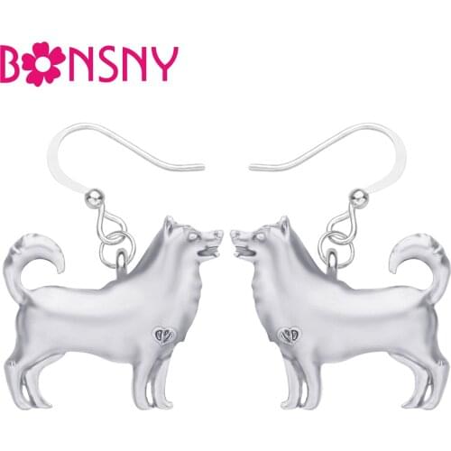 Bonsny Metal Antique Gold Plated Husky Dog Earrings Long Lovely Animal Dangle Drop Jewelry For Women Kids Lover Gift Accessories